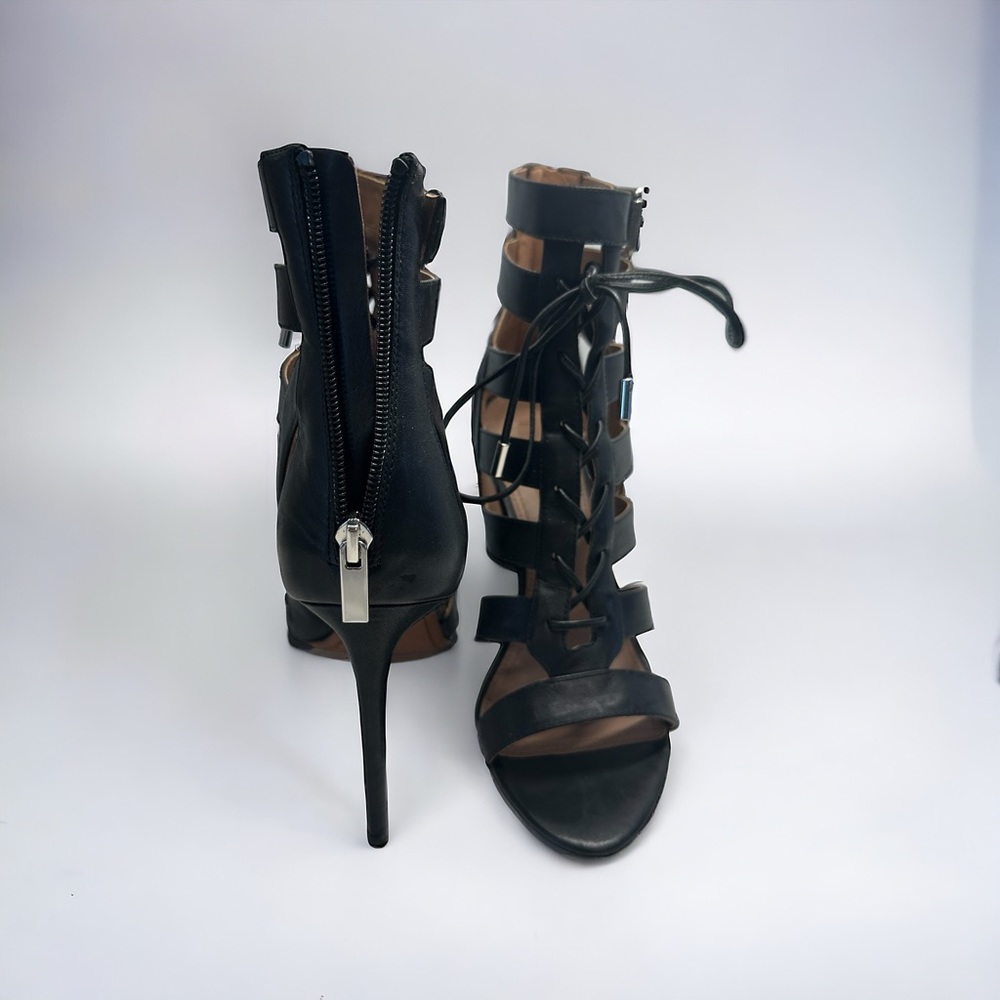 Bcbg maxazaria ebony black womens heel shoe size 10 leather caged stiletto 4” in